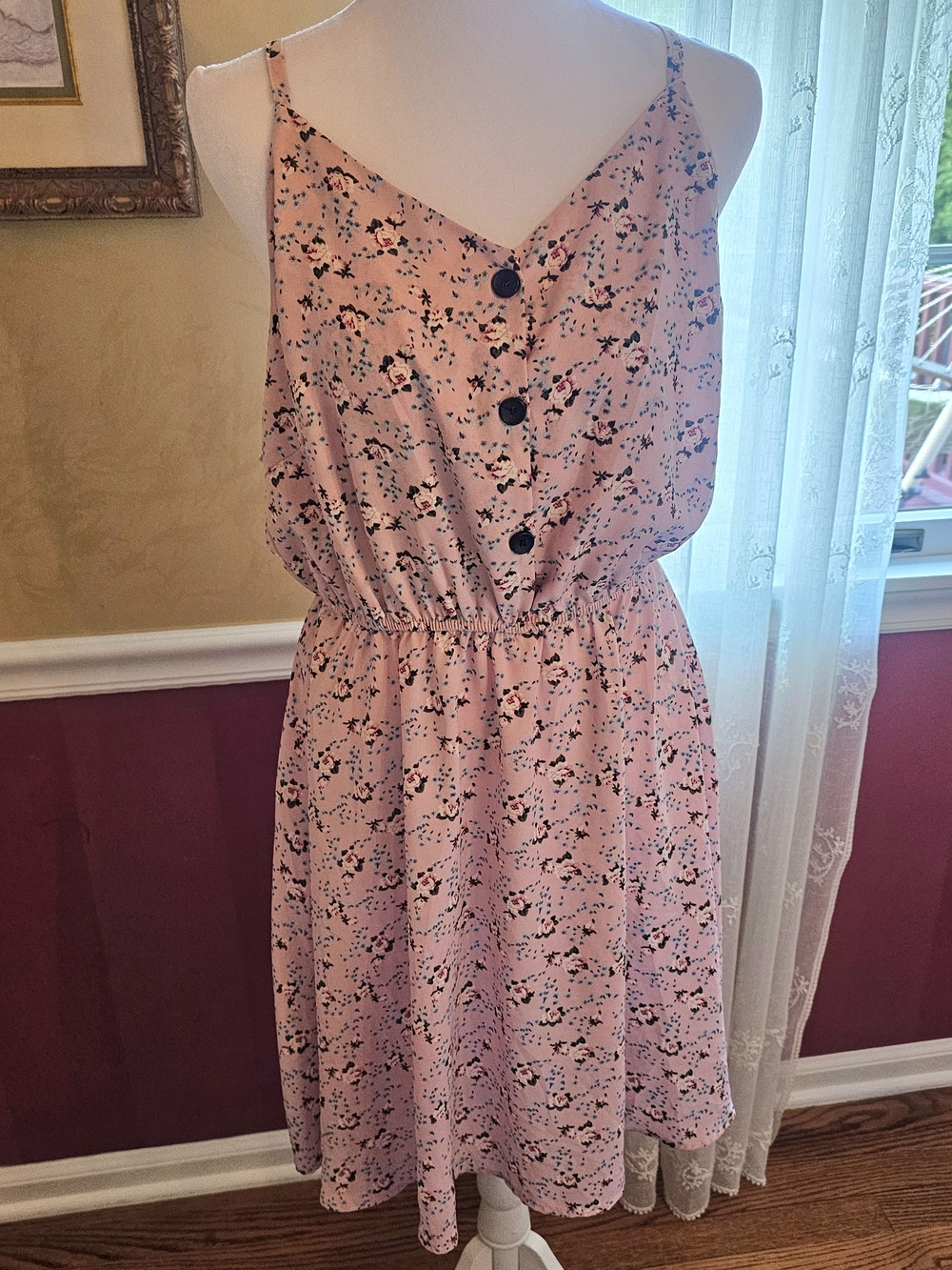 ROMWE Pink Floral Button-Front Midi Dress